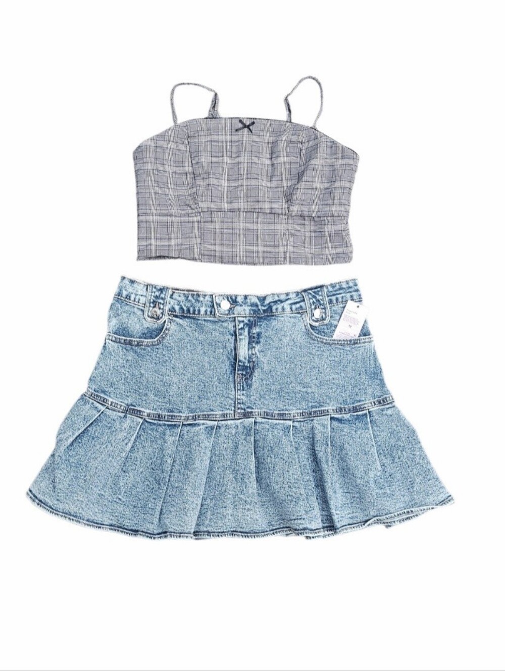 NEW Wild Fable Denim Skirt & Plaid Corset Crop Top Strappy Smocked Large 12 Set